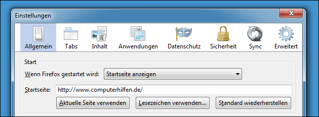 Firefox Startseite festlegen