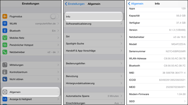 iPhone: MAC Adresse, Bluetooth und IMEI