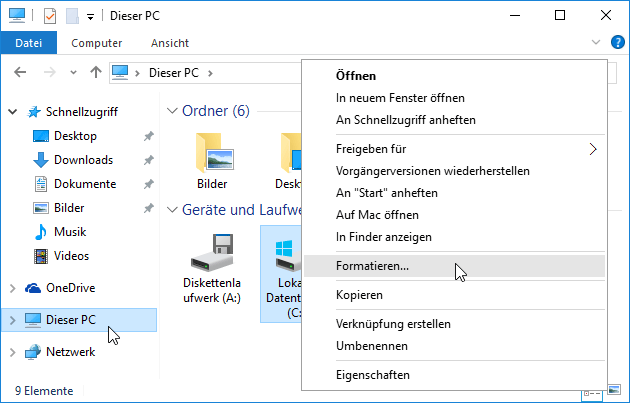 Windows 10: Laufwerk formatieren