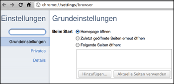 Chrome Einstellungen: Startseite
