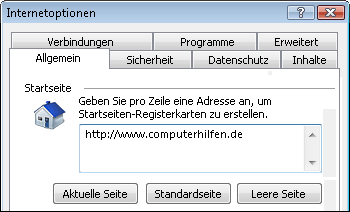 Internetoptionen: Browser Startseite (IE)