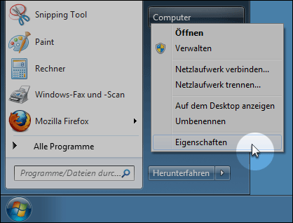 Computer Eigenschaften in der Systemsteuerung Computer Eigenschaften