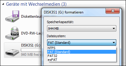 Im FAT oder FAT32 Format formatieren