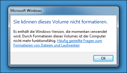 Start Festplatte formatieren: Fehlermeldung