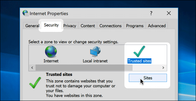 Windows trusted sites