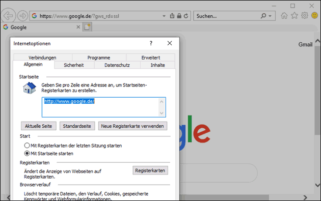 Internet Explorer: Google als Startseite einstellen