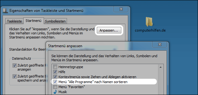 Startmenü alphabetisch