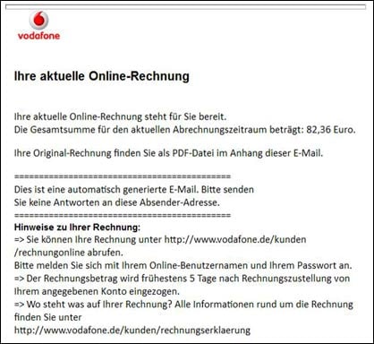 Vorsicht: Gefälschte Vodafone PDF Rechnung mit Virus