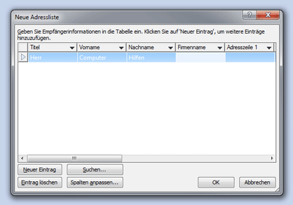 Neue Adressliste