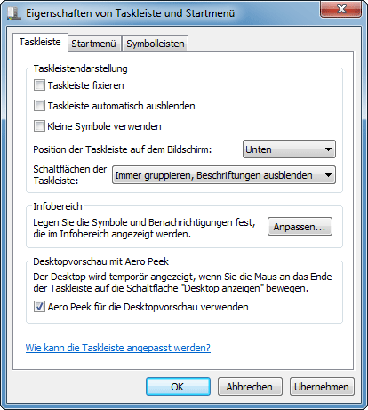 Taskleiste Eigenschaften