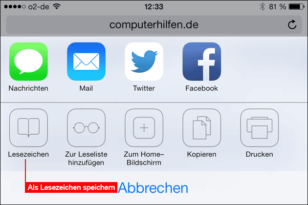 iOS Lesezeichen speichern