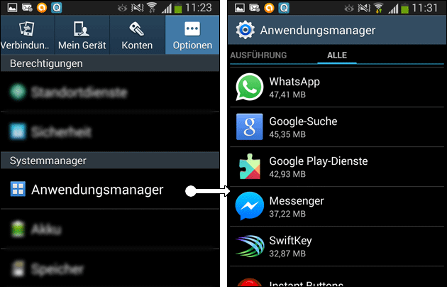 Android Anwendungsmanager: Apps löschen