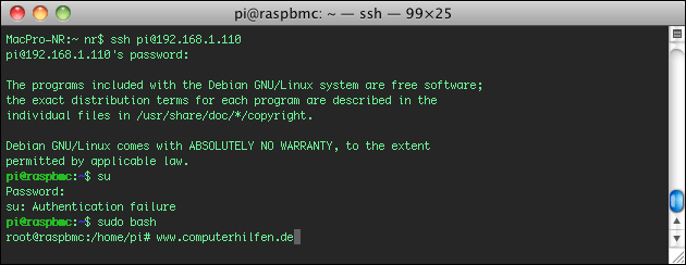 su root user password raspberry pi