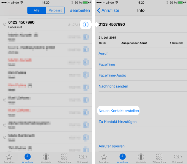 iPhone Anrufliste: Neuer Kontakt