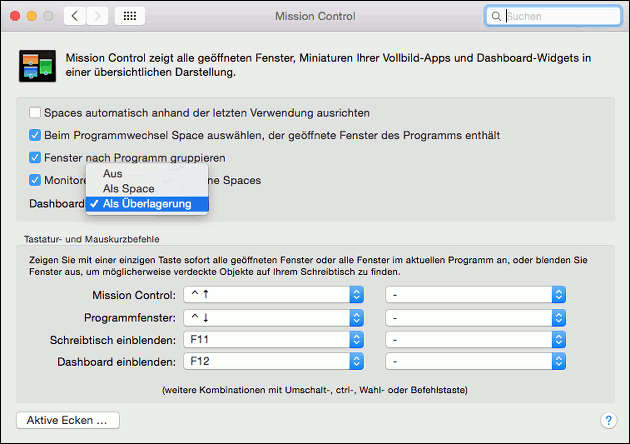 Mac Dashboard nicht mehr als Space