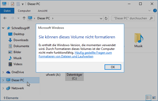 Sie können dieses Volume nicht formatieren
