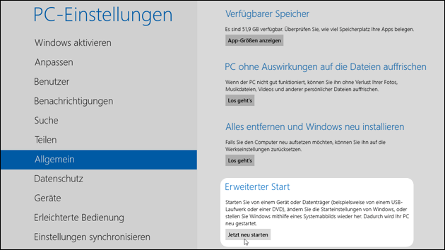 Windows 8 BIOS: Erweiterter Start