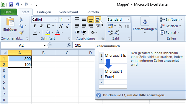 Excel: Zeilenumbruch einschalten