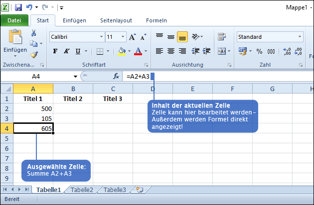 Excel: Zelle bearbeiten + Summe anzeigen