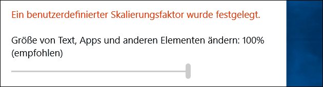 Ein benutzerdefinierter Skalierungsfaktor wurde festgelegt