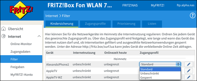 Fritzbox: Kindersicherung - Internet-Zugang sperren