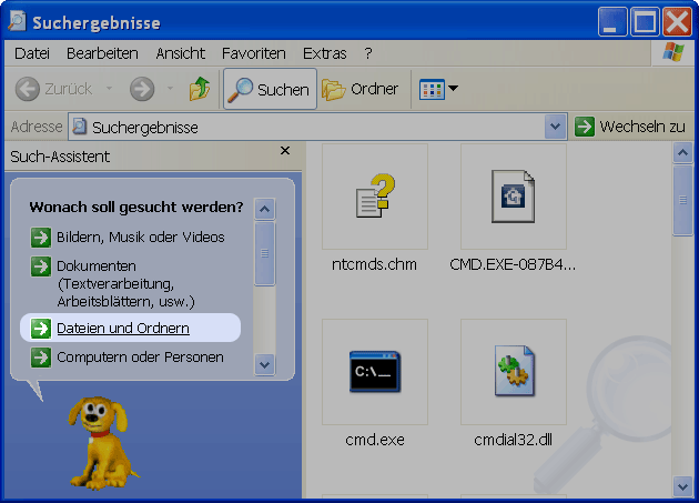 Windows XP: cmd suchen und starten