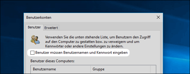 Windows Benutzer Passwort ausschalten