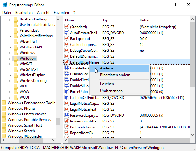 DefaultUserName Auto-logon