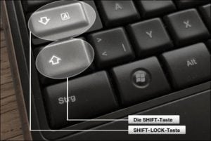 Wo ist die Umschalttaste auf der Tastatur? Lösung Bild!