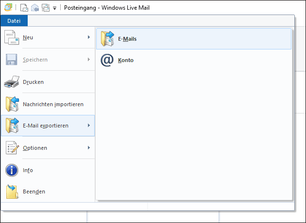Live Mail für Outlook exportieren