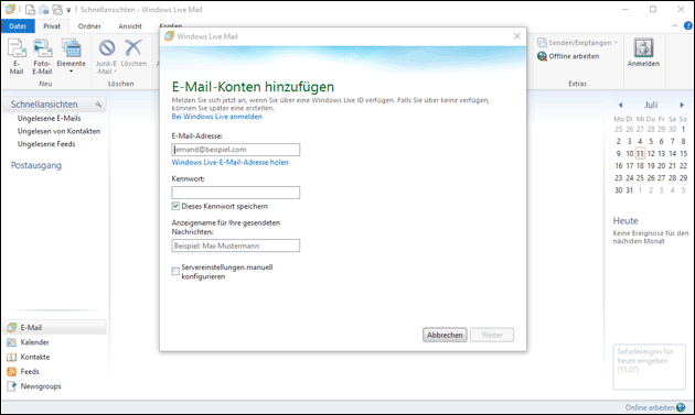Live Mail: Konto hinzufügen