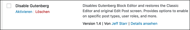 Gutenberg Plugin abschalten