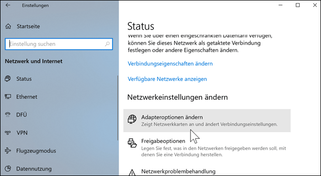 IP Adresse anpassen: Adapteroptionen