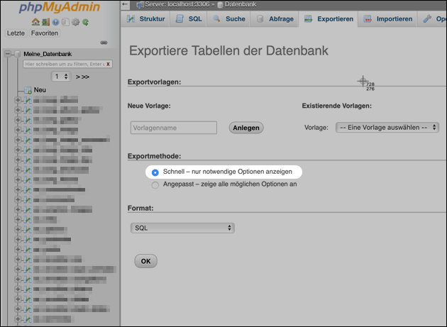 SQL Dump: Export mit phpMyAdmin