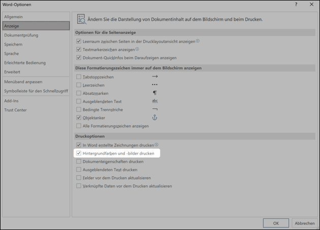 Word Hintergrundfarbe drucken