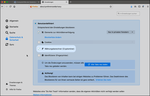 Firefox: Cryptominer Schutz