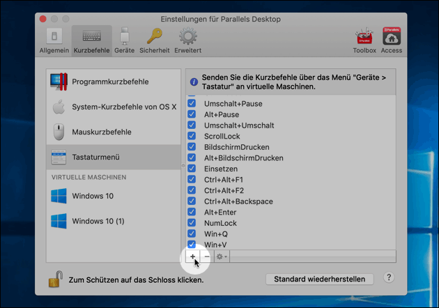 Neue Parallels Tastenkombination hinzufügen