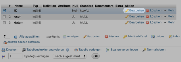 PHPMyAdmin: Tabelle und Spalten