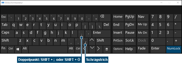 Doppelpunkt und Slash auf englischer Tastatur