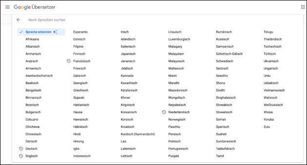Google Translate Sprache
