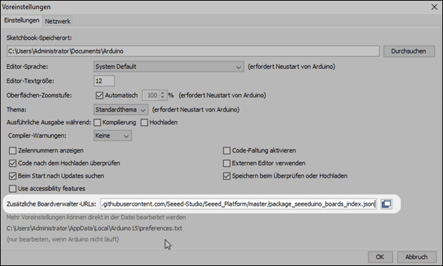 Seeeduino Boardverwalter URL