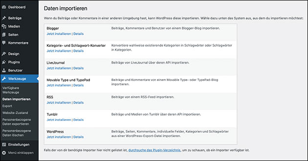 Wordpress: Daten importieren