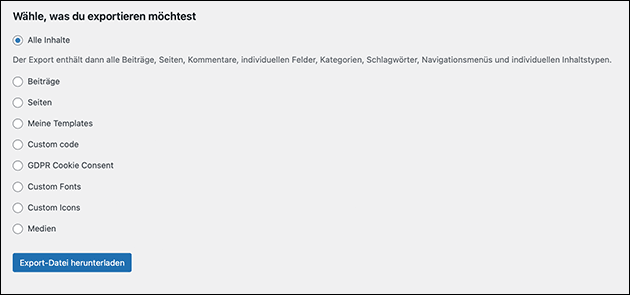 Wordpress Inhalte sichern / exportieren