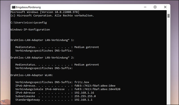 ipconfig in der Windows Eingabeaufforderung