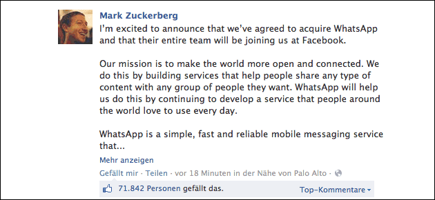 Zuckerberg: WhatsApp / Facebook
