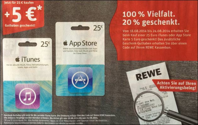 REWE: iTunes Karte mit 20% Rabatt (5,- EUR)