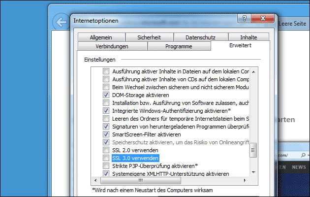 Poodle: SSL 3.0 im IE deaktivieren
