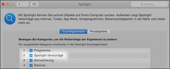 Spotlight Vorschläge abschalten