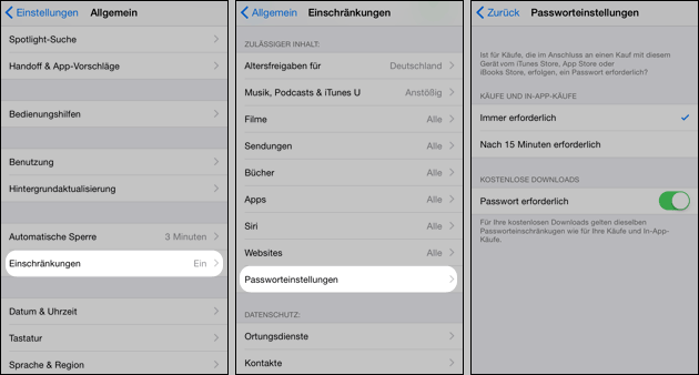 iOS 8.3 Passwort Einstellungen