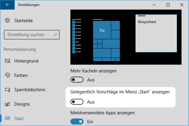 Windows 10 Werbung abschalten im Startmenü